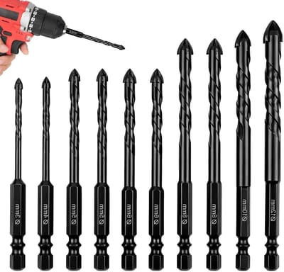 Tegelboor Set - Glasboor Zeskant - Precisie Boren - Viersnijdende Punt - 10 Delig - Zwart