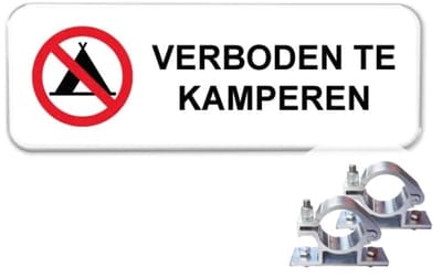 Parkeerbord Verboden te kamperen - Weerbestendig Aluminium - 40x15 cm - Bevestiging: Met paalbeugels Ø48mm