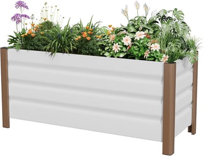 Aluminium Moestuinbak - Verhoogde Plantenbak met Afvoergaten - 100 x 40 x 45 cm - Veilige Afgeronde Hoeken - Moderne Kweekbak - Wit - Voor Balkon, Terras en Tuin
