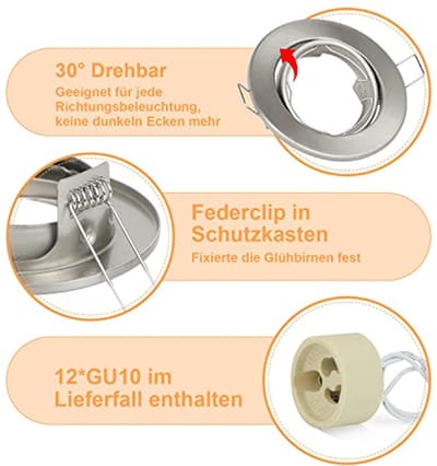 Inbouwspot Set GU10 voor Halogeen en LED - Draaibaar 30° - Roestvrijstalen Basis, Boordiameter 50mm