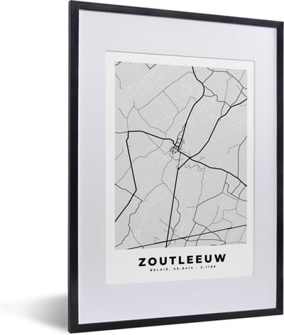 Fotolijst incl. Poster Zwart Wit- Stadskaart – Plattegrond – België – Zwart Wit – Zoutleeuw – Kaart - 30x40 cm - Posterlijst