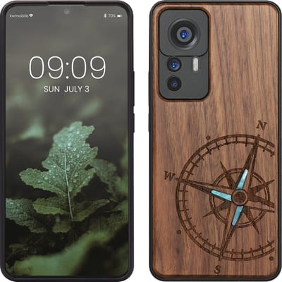 kwmobile telefoonhoesje geschikt voorXiaomi 12T / 12T Pro - Hoesje met bumper - hout - In donkerbruin Parelmoer kompas design