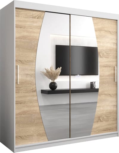 InspireMe - Kledingkast met 2 schuifdeuren, Modern-stijl, Een kledingkast met planken en een spiegel (BxHxD): 180x200x62 - GLOBE 180 Wit Mat + Sonoma Eik