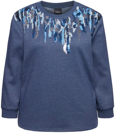 Ulla Popken - Dames - sweatshirt pailletten ronde hals lange mouwen - Inktblauw - Maat 42+