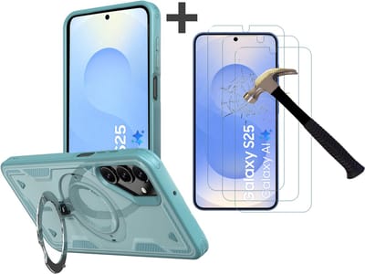 Hoesje Geschikt voor Samsung Galaxy S25 met 3 Stuks gehard glas Screenprotectors - Armor hoes met Ringhouder - Arara backcover - Lake Blauw