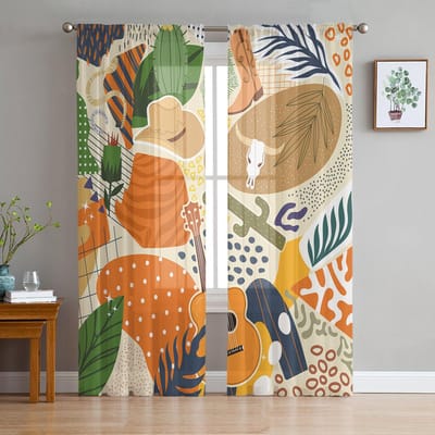 Cowboy Woestijn Cactus Gitaar Bohemen Tule Gordijnen Voor Woonkamer Slaapkamer Voile Transparant Gordijn Raam Huisdecoratie Draperieën 135W x 114H(cm) orange
