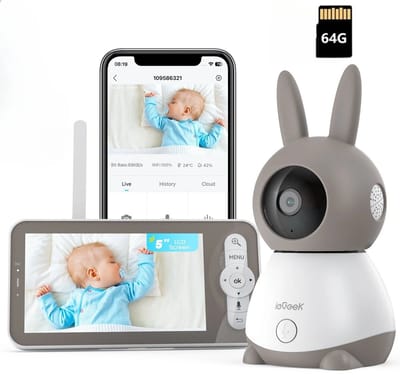 ieGeek Babyfoon met Camera - 2K HD camera - Premium Baby Monitor 5 inch Monitor- & Gratis App - Incl. Geluidsdetectie - Voedingsalarm en Temperatuursensor - Inclusief 64GB Geheugenkaart