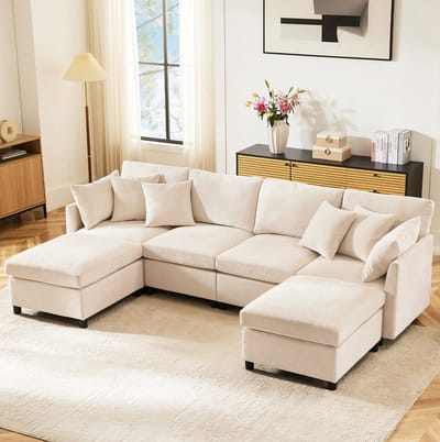 DESMIU U-Bank 278 x 161 cm - Modulair Om Te Bouwen Naar U-Vorm Of L-Vorm Met 2 Hockers En 6 Kussens - Voor Woonkamer - Chenille Beige