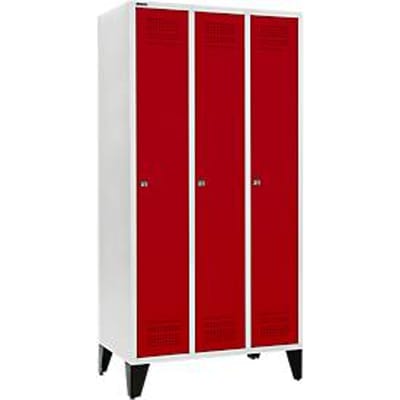 Schäfer Shop Genius Kledinglocker met poten, 3 compartimenten, 300 mm compartimentbreedte, cilinderslot, lichtgrijs/robijnrood