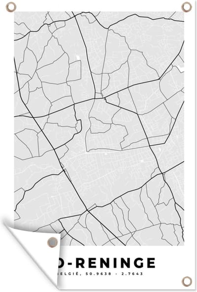 Muurdecoratie Stadskaart – Zwart Wit - Kaart – Lo Reninge – België – Plattegrond - 120x180 cm - Tuinposter - Tuindoek