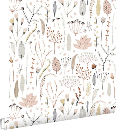 ESTAhome behang veldbloemen zacht roze, grijs en terracotta - 53 cm x 10.05 m - 139702