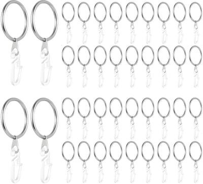 Dailygoods - 80 stuks gordijnringen met gordijnhaken 30 mm, 40 metalen haken voor stangen met 40 kunststof ringen voor douchegordijnstangen ramen (zilver)
