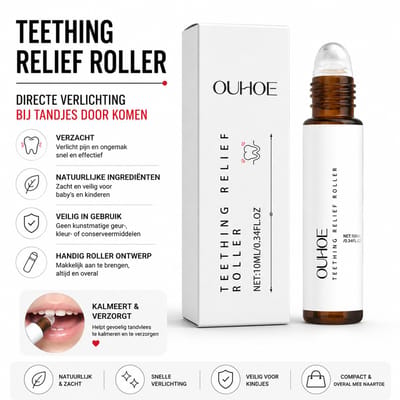 OUHOE Pro - Teething Relief Roller - Met Glycerine, Aloë Vera & Theeboom Extract-Kinder Tandvlees Verzorging Roller - Kalmerende Gel Tegen Pijnlijke Tandwissel, Ontsteking & Onrust - Koelend, Frisse Geur - Makkelijk Aanbrengen via Kaaklijn - 10ml