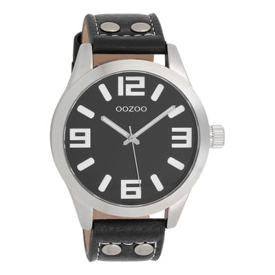 OOZOO Timepieces - Zilverkleurige horloge met zwarte leren band - C1054