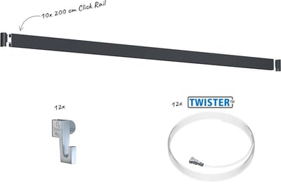 Artiteq Click Rail Schilderij Ophangsysteem 20 meter - Complete Set - Inclusief haken, draden en bevestigingsmaterialen - Zwart - 4 kg/m- Ophangsystemen en rails voor schilderijen, posters en foto's - Ophangen zonder boren
