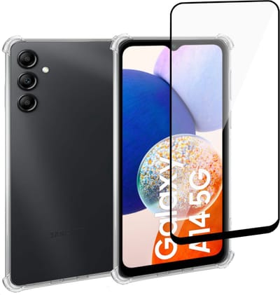 Geschikt voor Samsung A14 5G Hoesje + Screenprotector – Full Cover Gehard Glas + Shock Proof Case – Transparant