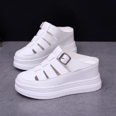 8cm Plateau Schoenen Dames Lente Zomer Plateau Binnenhoogte Verhoging Hoge Gesp Slippers Baotou Dames Schoenen 37 wit