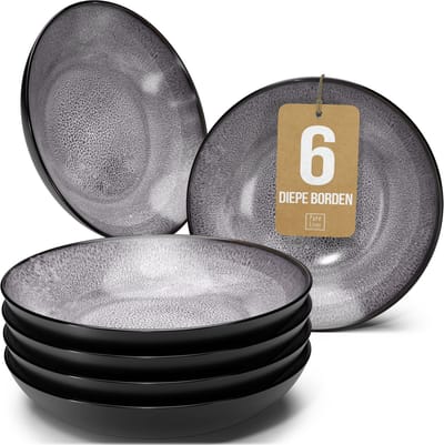 Pure Living Ibiza Dark Set Van 6 Diepe Borden - Ø 20 cm - Grijs - Aardewerk - Vaatwasserbestendig - Magnetronbestendig