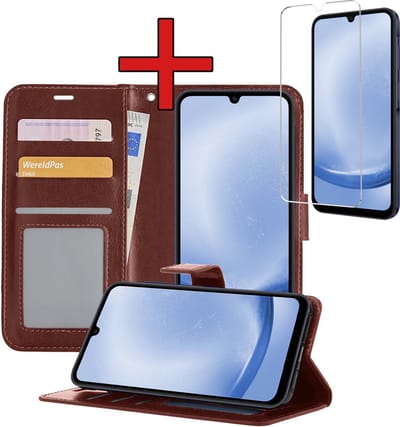 Hoesje - Met Screenprotector - Geschikt voor Samsung Galaxy A25 - Luxe Pasjeshouder - Flipcase - Bookcase Portemonee - Flip Case - Kunstleer Book Case - Book Cover - Walletcase - Portemonneehoes - Telefoonhoes - Bruin