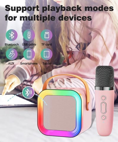 Mini-karaoke machine meets luidspreker voor kinderen in volwassenen, draagbaar Bluetooth-apparaat met 1-2 draadloze microfoons, kerst- en verjaardagscadeaus, speelgoed voor meisjes en jongens van 4-12+ jaar en peuters (roze - 2 microfoons)