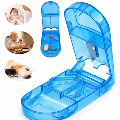 Pillensnijder & Pillendoosje in 1 – Pil Snijder met RVS Mes – Medicijn Doosje Waterdicht & UV-Beschermend – Compact & Makkelijk Schoon te Maken – Blauw