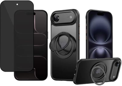 Hoesje met Ringhouder & Privacy Screenprotector geschikt voor iPhone 17 Air - Geschikt voor MagSafe - 360° Kickstand - Gehard Glas Cover – Zwart