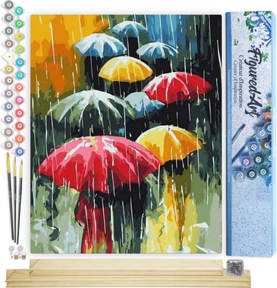 Figured'Art Schilderen op Nummer Volwassenen canvas Farandole van paraplu's - Handwerk acrylverf Kit DIY Compleet - 40x50cm met DIY houten lijst