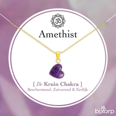 Bixorp Amethist Hartje Ketting - Goud Verguld S925 Zilver + Edelsteen Hanger - Spirituele Chakra Ketting met Cadeau Kaartje - 45cm + 5cm verstelbaar