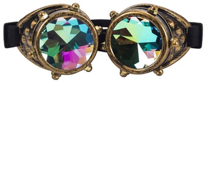 KIMU® Goggles Steampunk Bril Met Studs - Brons Montuur - Caleidoscoop Glazen - Bronzen Spacebril Space Caleidoscope Holografisch Festival