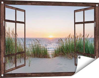 Gards Tuinposter Doorkijk Zee vanuit Duinen met Zonsondergang - 90x60 cm - Tuindoek - Tuindecoratie - Wanddecoratie buiten - Tuinschilderij