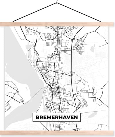 Posterhanger incl. Poster 40x40 cm - Schoolplaat - Plattegrond - Bremerhaven - Kaart - Stadskaart - Textielposter - Blanke latten - Stadskaart