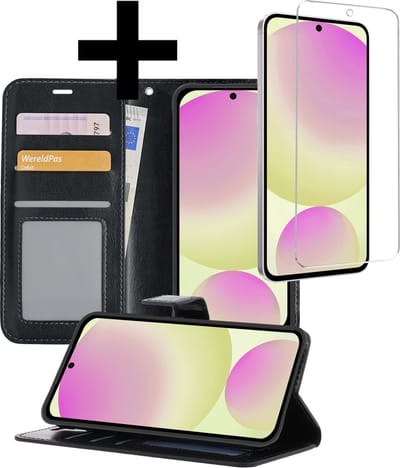 Hoesje - Met Screenprotector - Geschikt voor Samsung Galaxy S24 FE - Luxe Pasjeshouder - Bookcase Portemonee - Flip Case - Kunstleer Book Case - Flipcase - Book Cover - Walletcase - Portemonneehoes - Telefoonhoesjes - Zwart