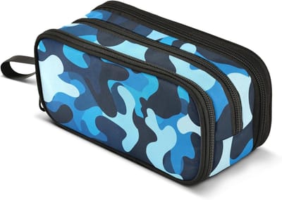 Gekleurde Etui Rits - Pennenzak Opbergtas - School Kantoor - Drie Compartimenten - 22.5x9x11 cm - Camouflage Blauw