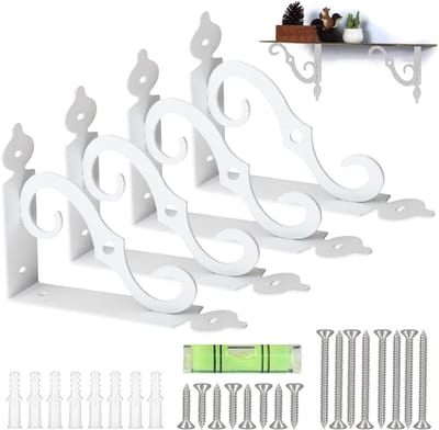 SnelShoppen - 4 Stuks Wandplank Steunen Wit, Vintage, Gietijzeren Hoeksteunen | 14 cm x 11 cm, Robuuste Wandconsole voor Tuin, Keuken, DIY Projecten