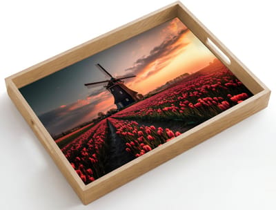 Dienblad hout 50x35 cm - Schootdienblad - Molen - Zonsondergang - Tulpen - Rood - Borrelplank rechthoek - Plateau dienbladen