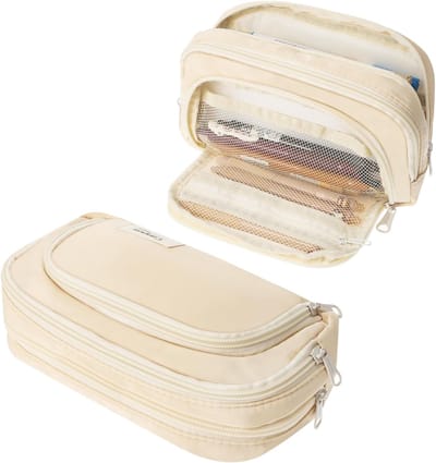 Grote pennenetui, esthetisch, met 3 vakken, pennenetui, pennen met ritssluiting, voor school, kantoor (kaki), Kaki, Esthetisch etui in