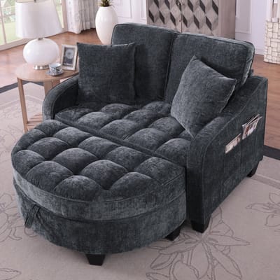 2-in-1 slaapsofa met opberghocker - compact voor kleine ruimtes - 1-2 personen - zwart - ademende stof en eucalyptushouten frame - flexibele ombouw tot chaise longue of bed