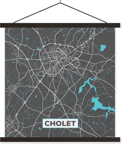 Posterhanger incl. Poster 60x60 cm - Schoolplaat - Cholet - Frankrijk - Plattegrond - Kaart - Stadskaart - Textielposter - Zwarte latten - Stadskaart