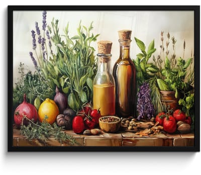 Poster in lijst - Fotolijst 70x50 cm - Posters - Stilleven - Kruiden - Specerijen - Fruit - Kleurrijk - Posterlijst zwart - Decoratie - Wanddecoratie woonkamer - Muurdecoratie slaapkamer