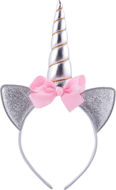 KIMU® Eenhoorn Haarband Roze Zilver Strik - Unicorn Diadeem Met Oortjes - Zilveren Hoorn Lichtroze Strikje Festival