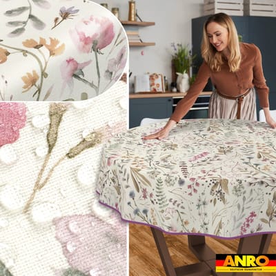 ANRO Tafelkleed Geweven structuur Beige Rond Ø100cm Met sierband Afwasbaar Waterafstotend