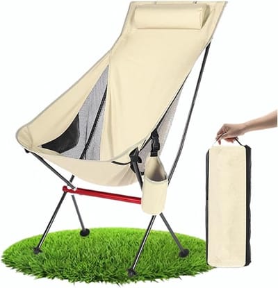 Famanu - Campingstoel, opvouwbaar, met hoofdsteun, afneembare bekerhouder en opbergtas, voor strand, wandelen, vissen, voor volwassenen, beige