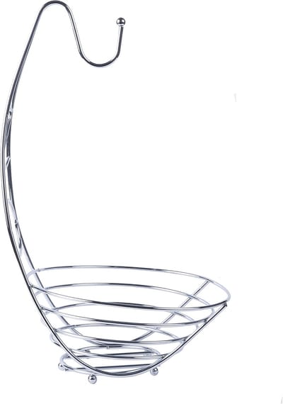 Famanu - Fruitmand met bananenhaak 43 cm hoog, zilverkleurig chroomafwerking