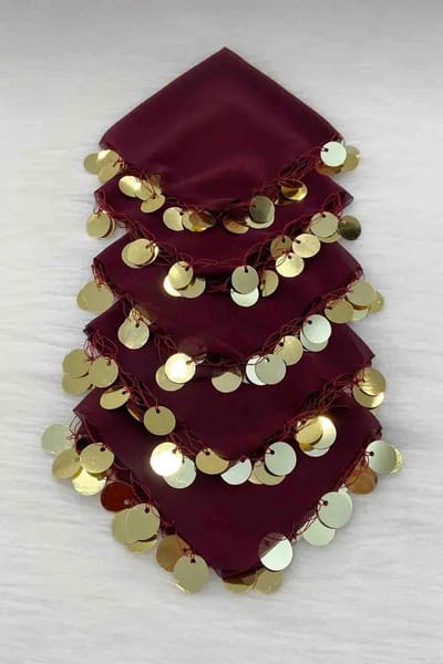 DFA Traditionele Dansdoekjes / Halay Mendili met Goudkleurige Muntjes - Henna Feest Accessoires - BORDEAUXROOD - 10 Stuks