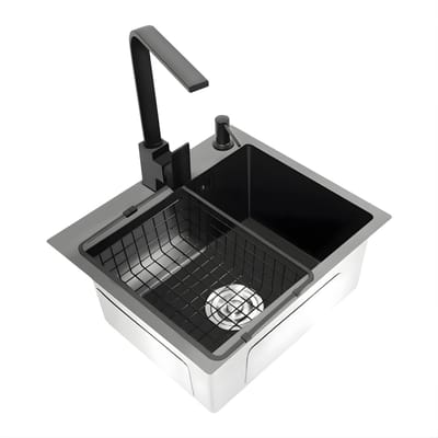 Inbouw Spoelbak Keuken – RVS – 45x40x20 cm – Inclusief Kraan, Afvoer en Zeepdispenser – Vierkante Spoelbak – Zwart
