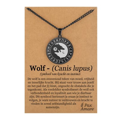 Wolf Yin Yang Ketting op Cadeau Kaartje Zwart - Spirituele Talisman - Roestvrij Staal / Stainless Steel - Natuur & Balans - 60cm - Pax Amare