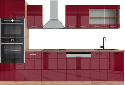 Vicco R-Line Complete keukeneenheid – 300 cm met hoge kast, zonder werkblad Rood hoogglans/gouden eik
