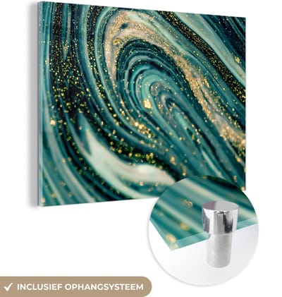 MuchoWow® Glasschilderij 160x120 cm - Schilderij acrylglas - Marmerlook - Luxe - Goud - Turquoise - Glitter - Foto op glas - Schilderijen
