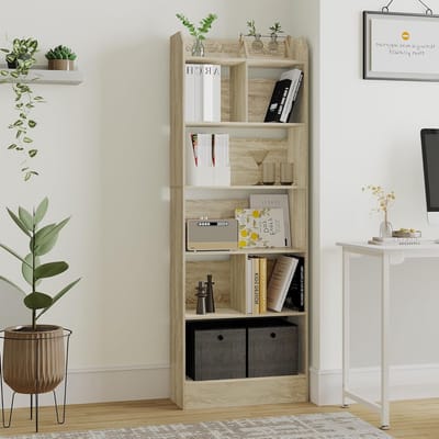 6-Tier Boekenkast en Boekenplank, Vrijstaande Display Organizer met 8 Gescheiden Secties voor Thuis, Kantoor en Woonkamer, 24 x 60 x 170 cm, Eikenhout, Ruimtebesparend en Modern Design