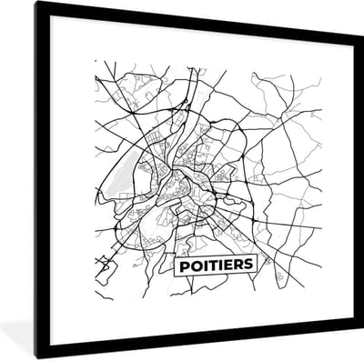Fotolijst incl. Poster Zwart Wit- Frankrijk - Plattegrond - Poitiers - Stadskaart - Kaart - Zwart wit - 40x40 cm - Posterlijst